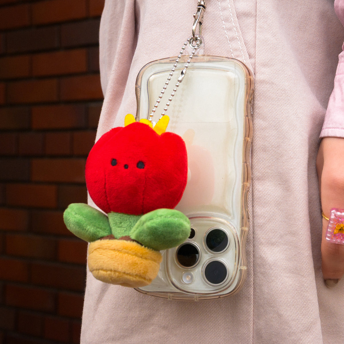 RUKURUKU/虹とチューリップ畑のうさぎ　オルゴナイトキーホルダー ROOP TOKYO Plush Rabbit Keychain/おめかしうさぎぬいぐるみ
