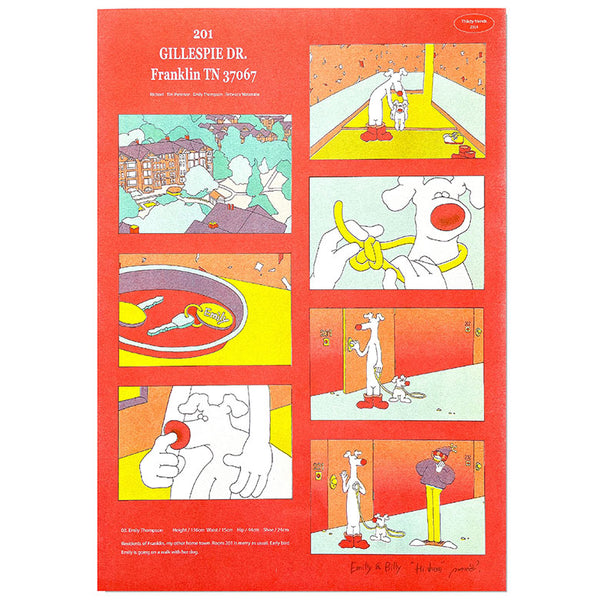 Thikity friends. Risograph print poster Emily Thompson & Billy Thompson "Hi there" (red)